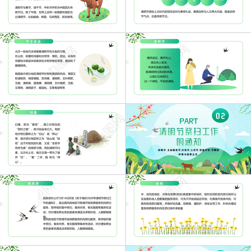 2022清明节“云祭扫”PPT清新插画风清明节专题课件模板