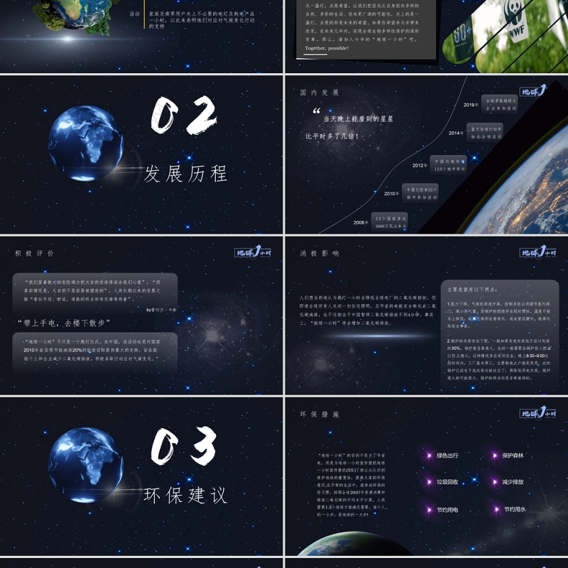 黑色简洁风地球一小时主题策划PPT模板