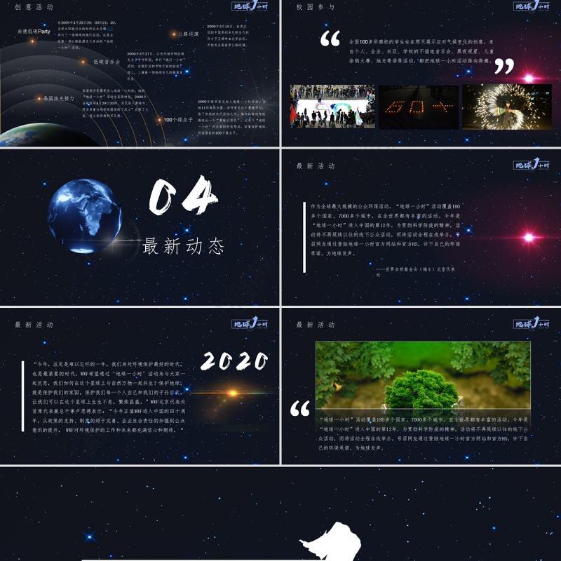 黑色简洁风地球一小时主题策划PPT模板