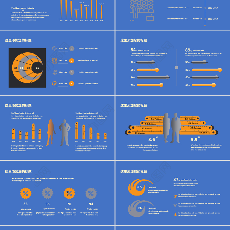 蓝色数据可视化图表集PPT模板