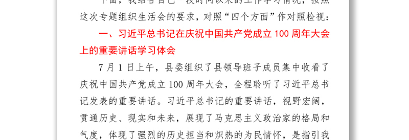 2021某县长在支部党史学习教育专题组织生活会上的发言材料