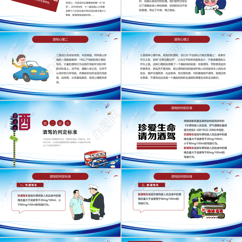 蓝色卡通插画拒绝酒驾交通安全在心中ppt
