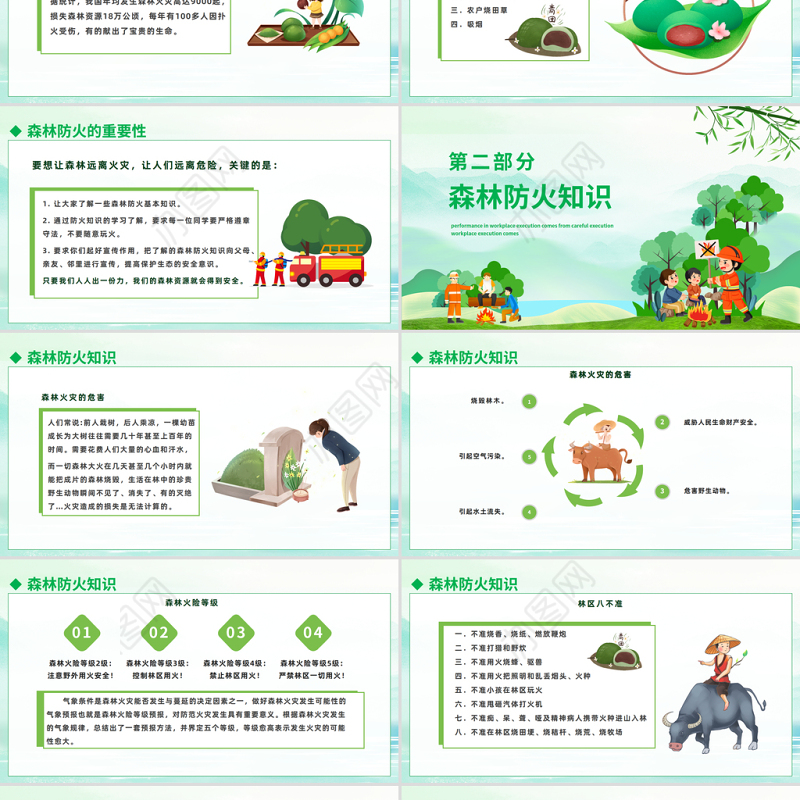 2023清明节森林防火宣传PPT清新卡通风清明节森林安全防火宣讲课件模板