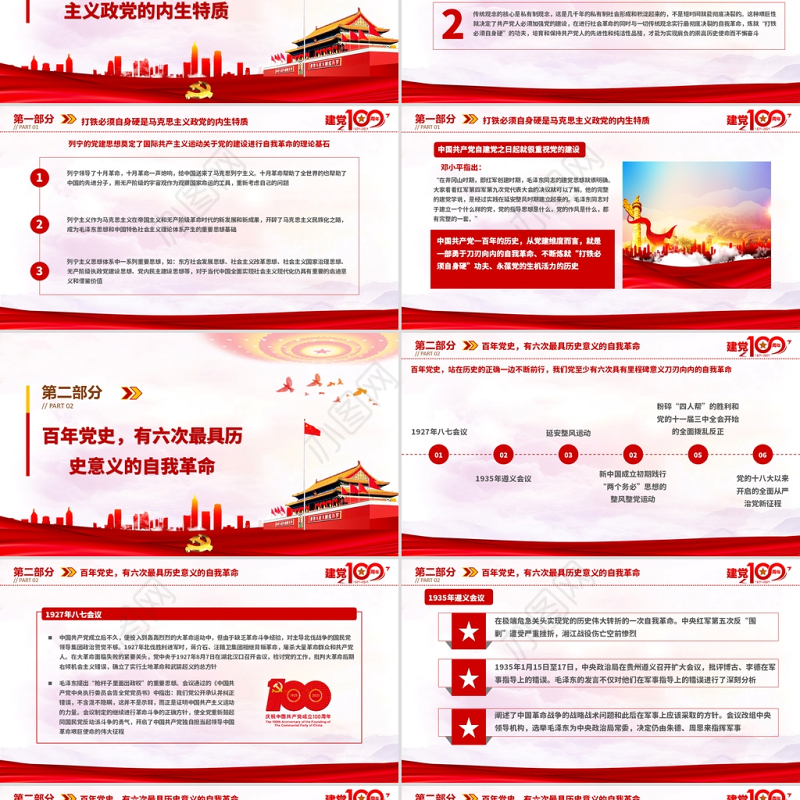 2021百年党史最具历史意义的六次自我革命PPT热烈庆祝中国共产党成立100周年红的大气党政风党课模板