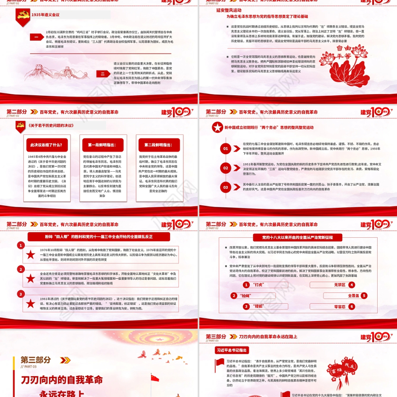 2021百年党史最具历史意义的六次自我革命PPT热烈庆祝中国共产党成立100周年红的大气党政风党课模板
