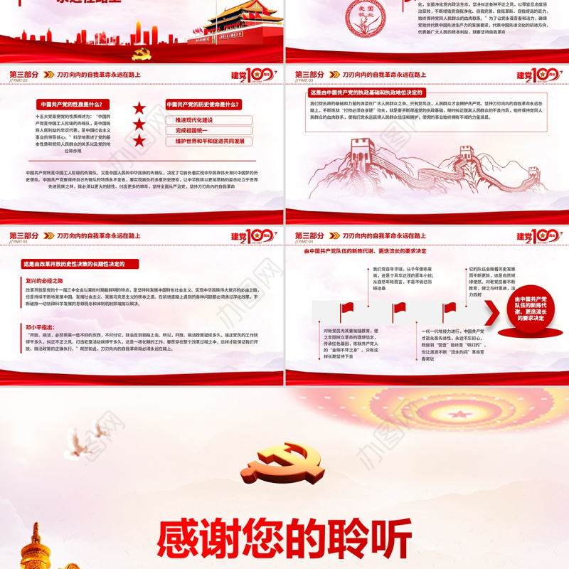 2021百年党史最具历史意义的六次自我革命PPT热烈庆祝中国共产党成立100周年红的大气党政风党课模板