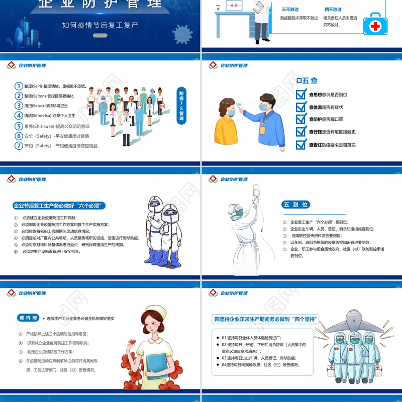 2022疫情节后复工复产应查尽查PPT蓝色插画风疫情复工复产主题事项专题课件