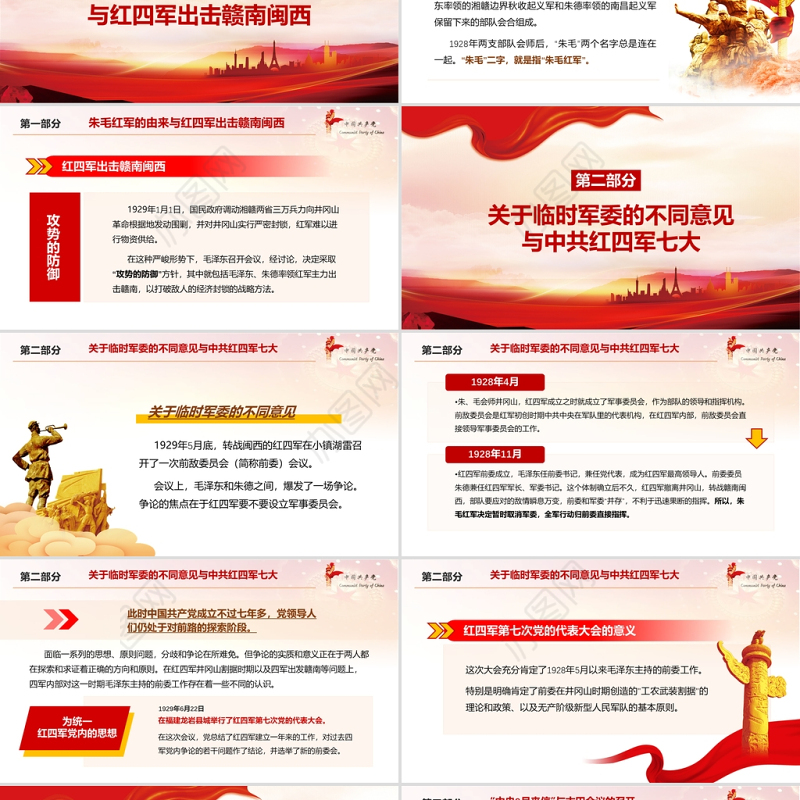 2021庆祝建党百年朱毛红军与古田会议党课模板红色党政风PPT