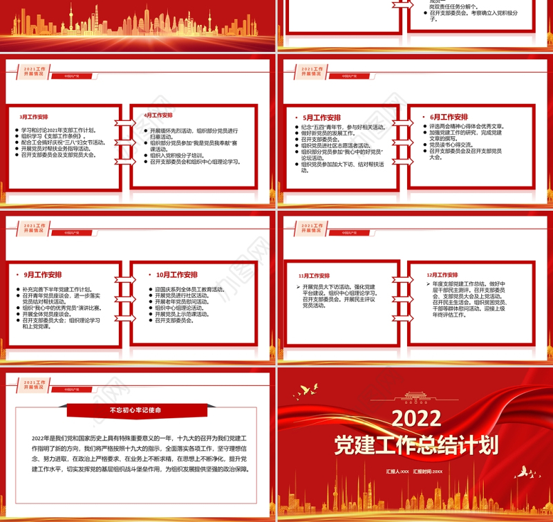 2022党建工作总结计划PPT红色党政风基层党组织党委党支部工作总结专题党课课件模板