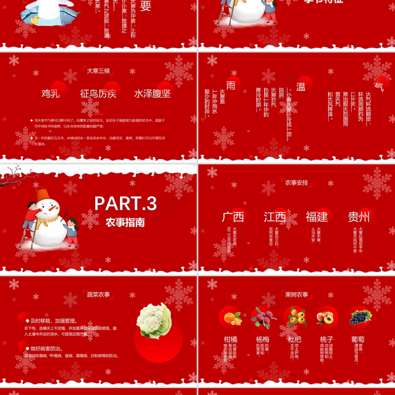 红色雪花雪人喜庆插画二十四节气之大小寒ppt模板