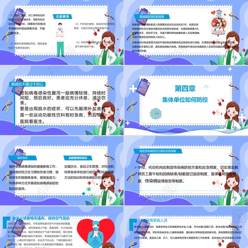 蓝色卡通插画如何预防诺如病毒班会ppt