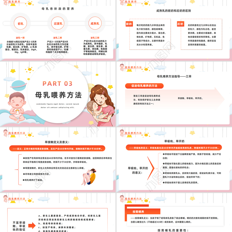 2023新生儿母乳喂养PPT卡通风新生儿母乳喂养知识宣传课件模板下载