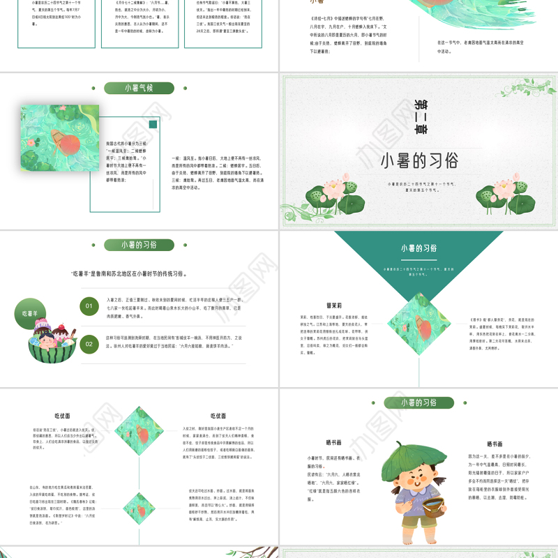 2022小暑节气PPT插画卡通清新风中国传统二十四节气之小暑课件模板