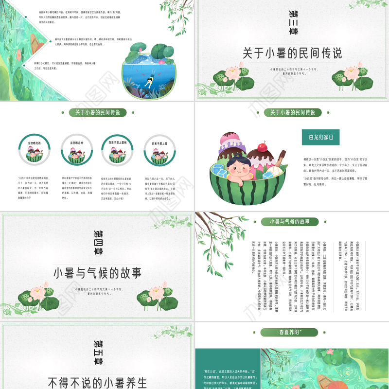 2022小暑节气PPT插画卡通清新风中国传统二十四节气之小暑课件模板