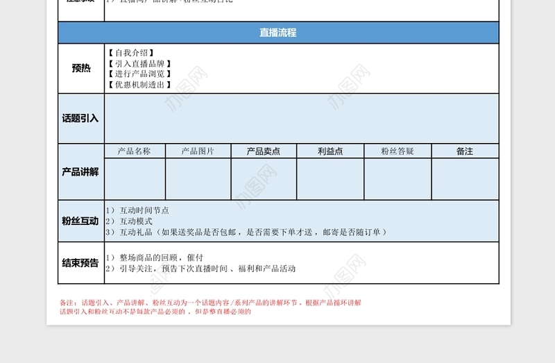 电商带货直播脚本模板Excel