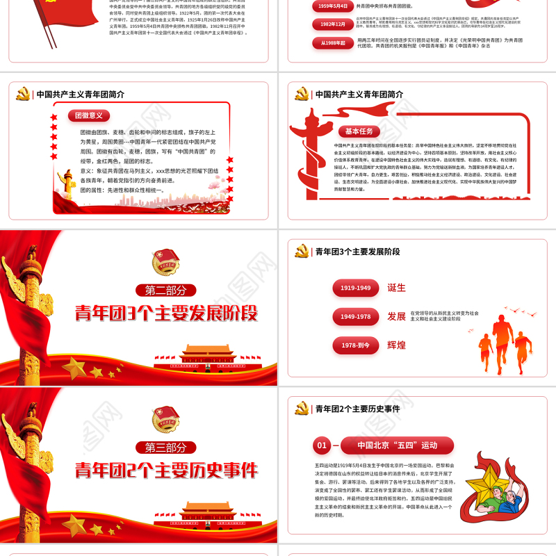 中国共青团发展历程PPT红色党政风2022年建团100周年团史知识专题辅导课件模板