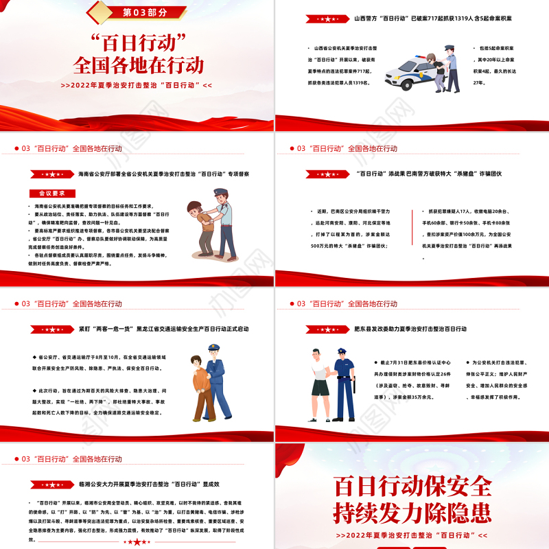 百日行动保安全持续发力除隐患PPT红色大气风2022年夏季治安打击整治百日行动专题课件模板