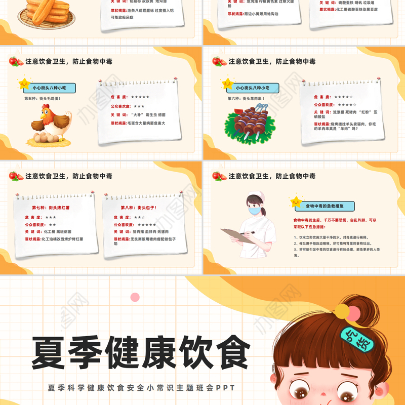 2023夏季健康饮食PPT卡通风注意饮食卫生防止食物中毒主题班会课件模板下载