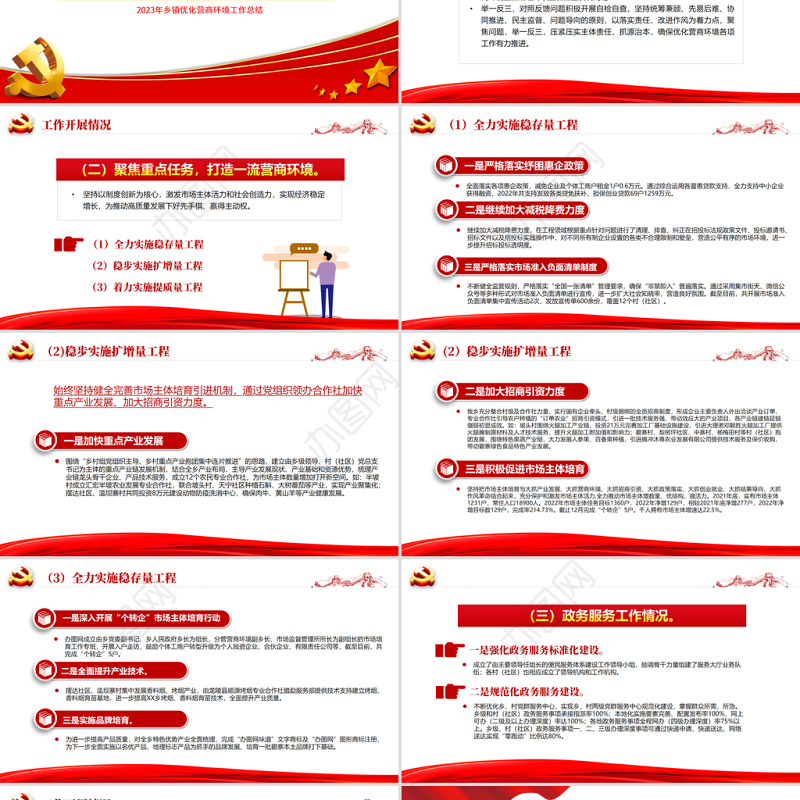 2023年乡镇优化营商环境工作总结PPT简洁风推动营商环境持续优化简政放权放管结合党建总结模板