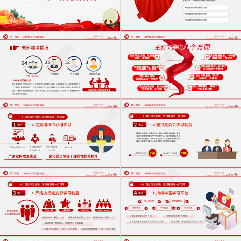 2025党支部工作总结PPT红色大气基层党组织工作汇报述职报告党建工作模板