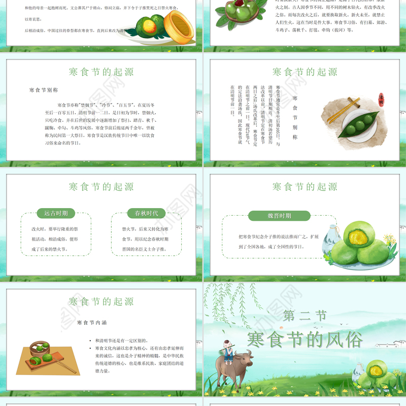 绿色卡通手绘中国传统文化介绍寒食节PPT模板
