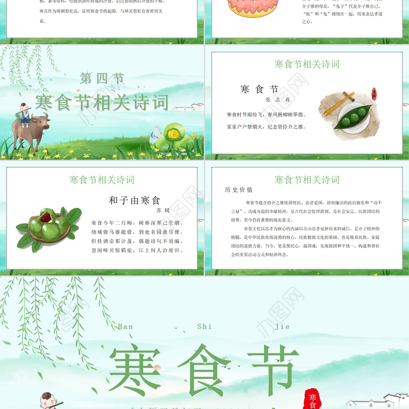 绿色卡通手绘中国传统文化介绍寒食节PPT模板