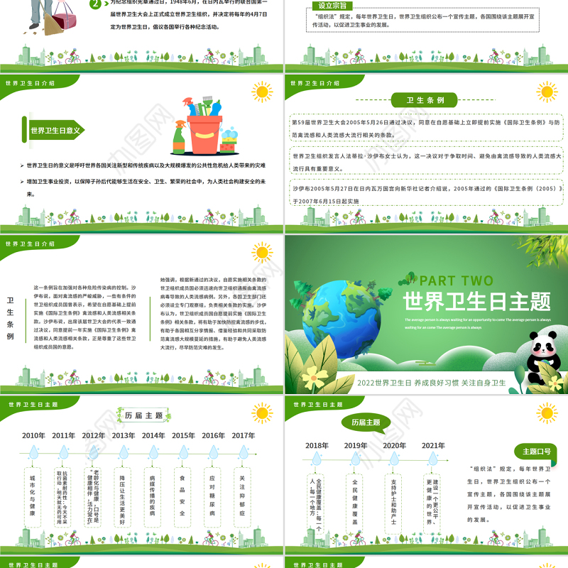 绿色卡通手绘小学生世界卫生日介绍PPT模板