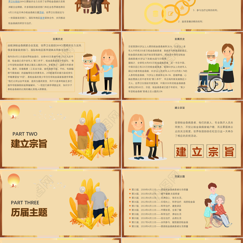 暖色手绘卡通世界帕金森病日介绍科学治疗帕金森病PPT