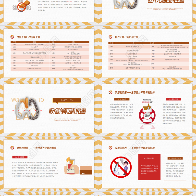 黄棕色活力卡通世界无烟日主题班会PPT课件