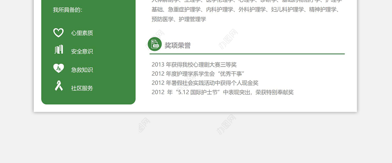 清新绿色护士岗位求职竞聘简历模板下载