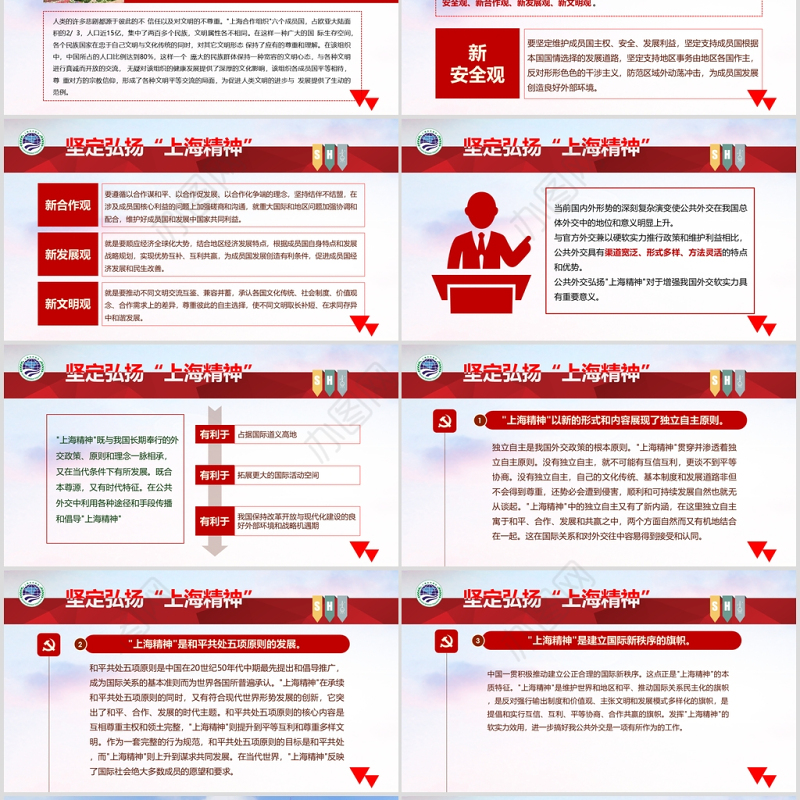 红色简约风地域党课之弘扬上海精神上海党课演讲上海合作组织ppt模板