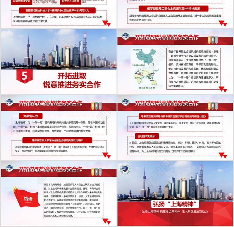 红色简约风地域党课之弘扬上海精神上海党课演讲上海合作组织ppt模板