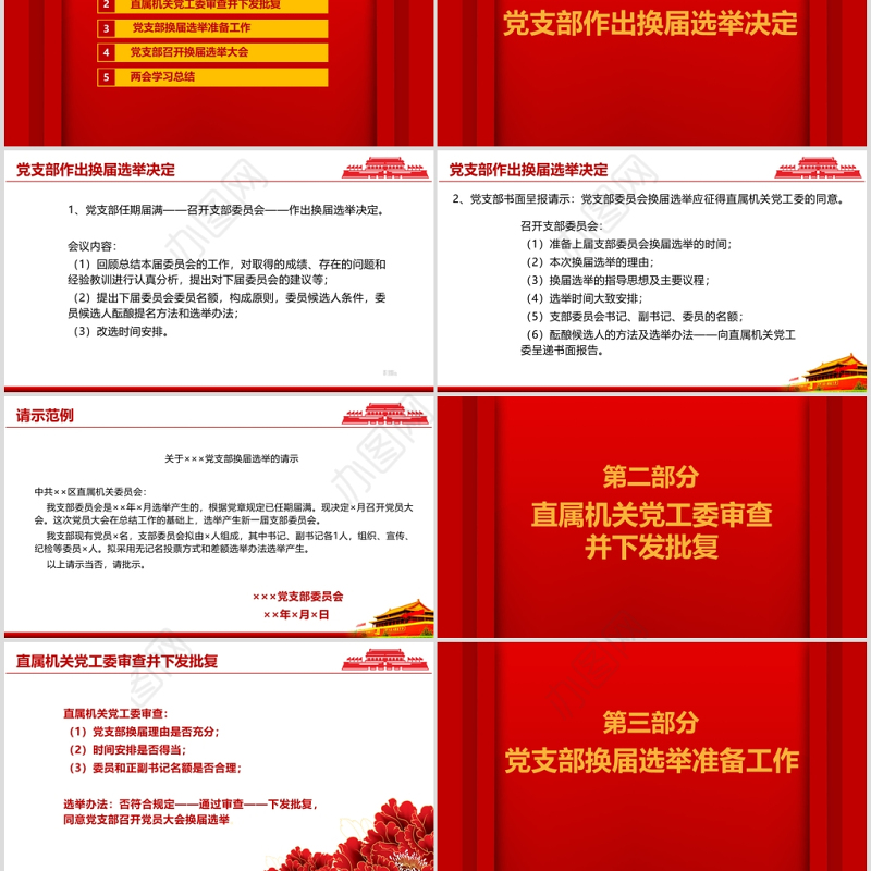 红色庄重党支部换届选举工作流程PPT模板