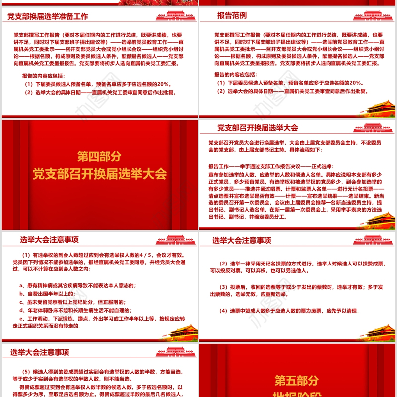 红色庄重党支部换届选举工作流程PPT模板