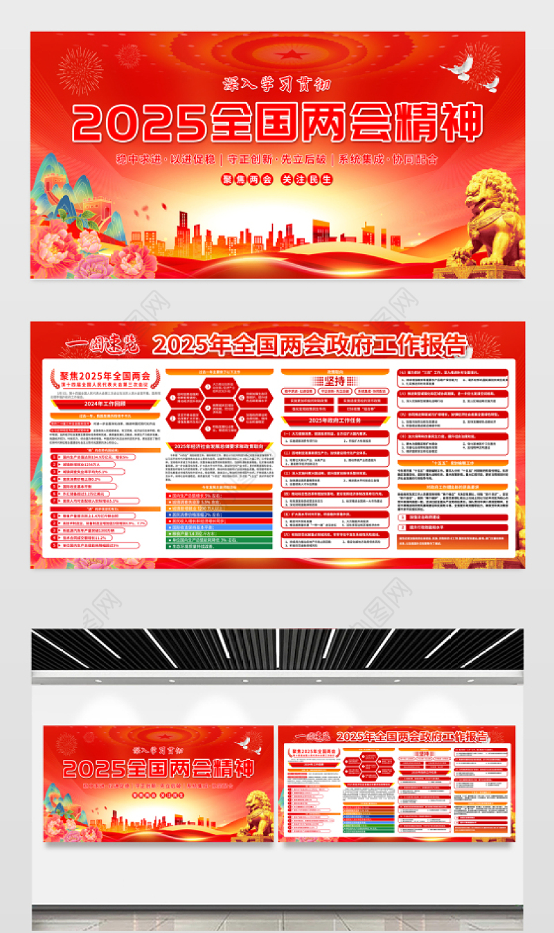 红色精美深入学习贯彻2025全国两会精神宣传展板模板