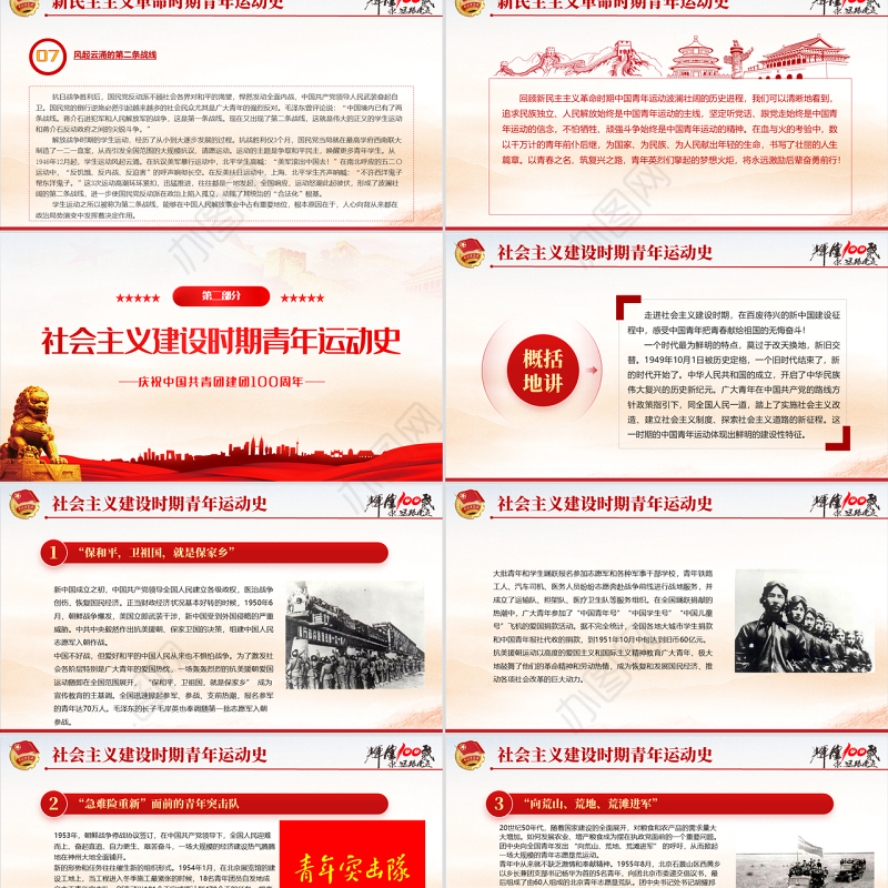 中国青年运动史PPT红色党建风中国共青团成立100周年弘扬五四精神挥洒热血青春专题团课