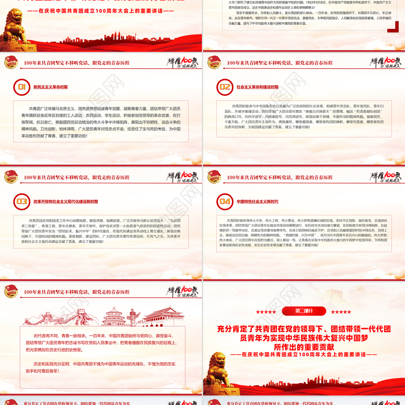 红色精美在庆祝中国共产主义青年团成立100周年大会上的讲话精神解读团课课件