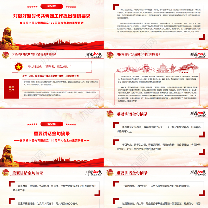 红色精美在庆祝中国共产主义青年团成立100周年大会上的讲话精神解读团课课件