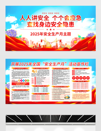 2025年安全生产月主题展板人人讲安全个个会应急查找身边安全隐患宣传栏模板