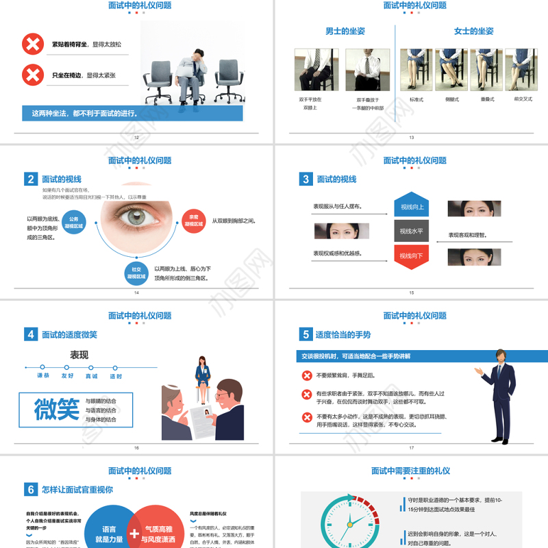 2021面试礼仪培训PPT商务蓝色简约风职场礼仪PPT模板