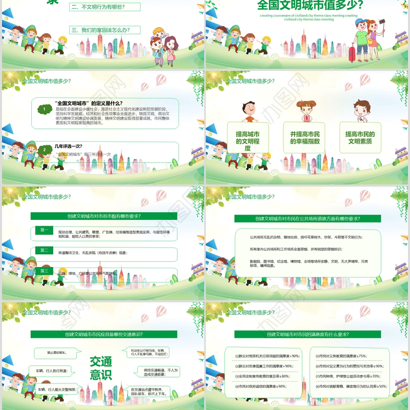 儿童卡通风创建文明城市主题班会课件动态PPT模板