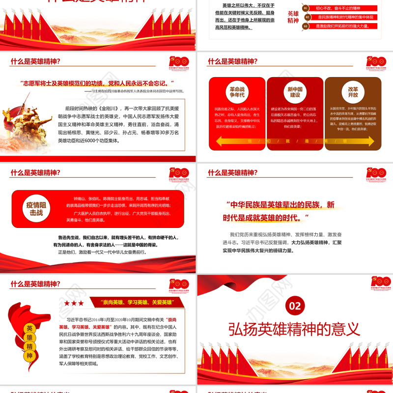 2021弘扬英雄精神PPT庆祝建党100周年专题党史学习教育专题辅导党课PPT模板