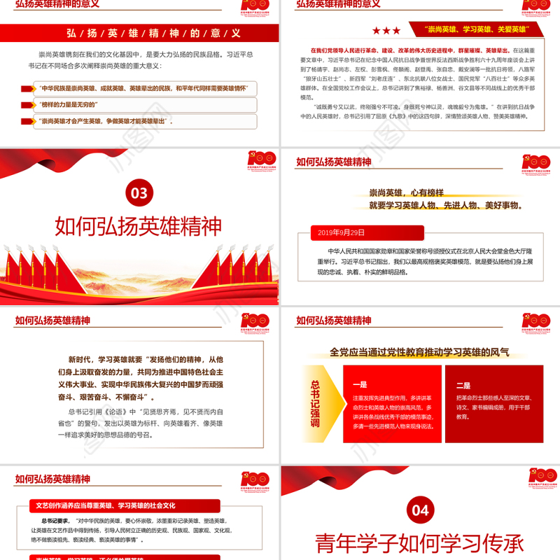2021弘扬英雄精神PPT庆祝建党100周年专题党史学习教育专题辅导党课PPT模板