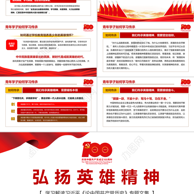 2021弘扬英雄精神PPT庆祝建党100周年专题党史学习教育专题辅导党课PPT模板