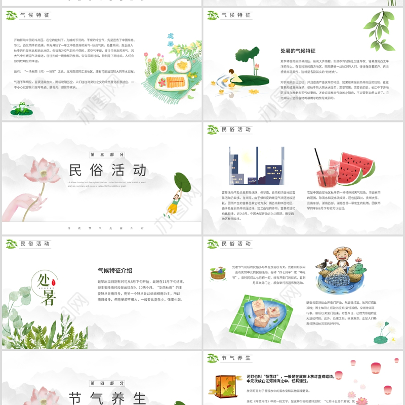原创小清新校园文化教育传统中国二十四节气之处暑节气相关知识PPT模板