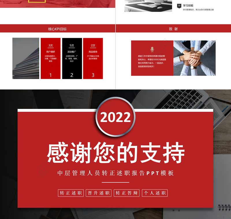 2022中层管理人员转正述职PPT红色简洁实用市场部管理人员转正述职汇报答辩模板