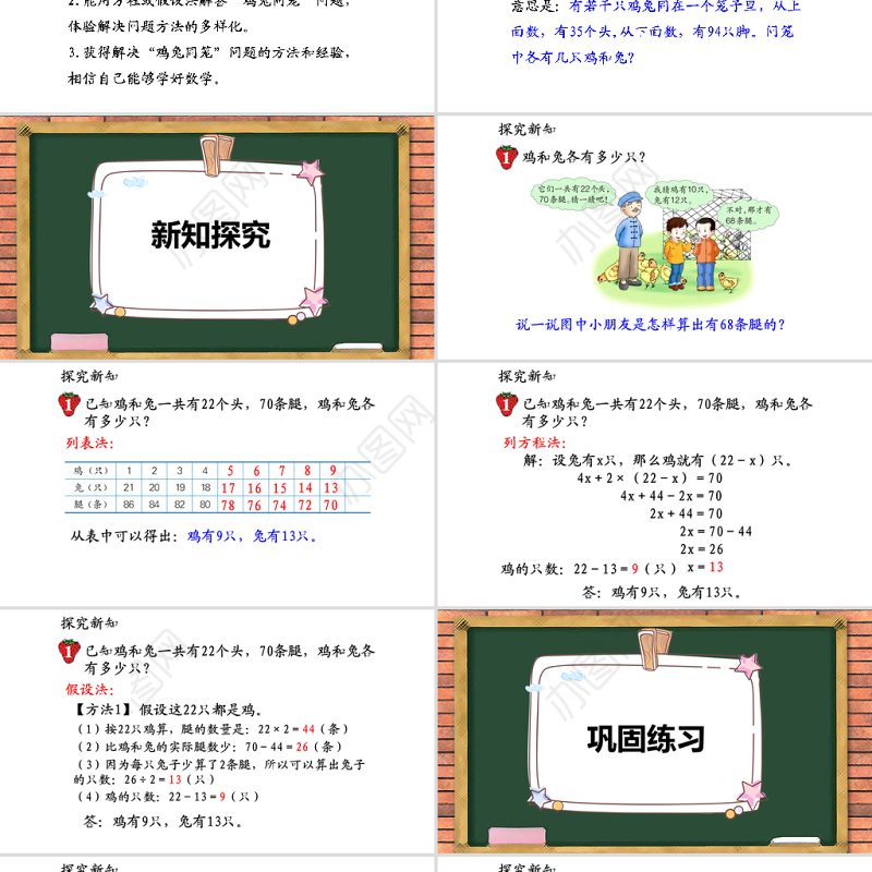 2021鸡兔同笼数学课件PPT冀教版五年级上册数学课件模板