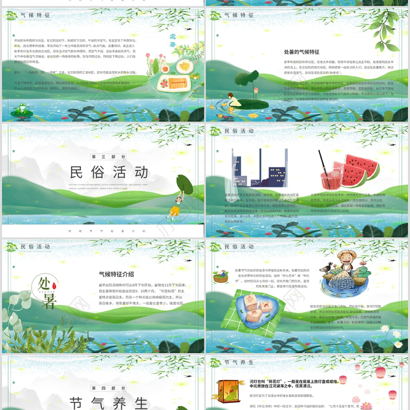 原创小清新校园文化教育传统中国二十四节气之处暑节气相关知识PPT模板