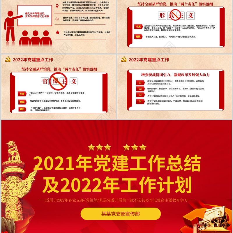 2021年党建工作总结及2022年工作计划PPT党员干部年终总结专题党课课件模板