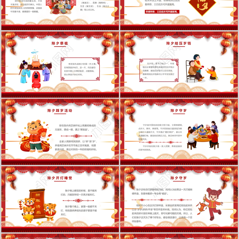 2022虎年除夕习俗PPT红色中国风虎年新年除夕传统知识课件模板